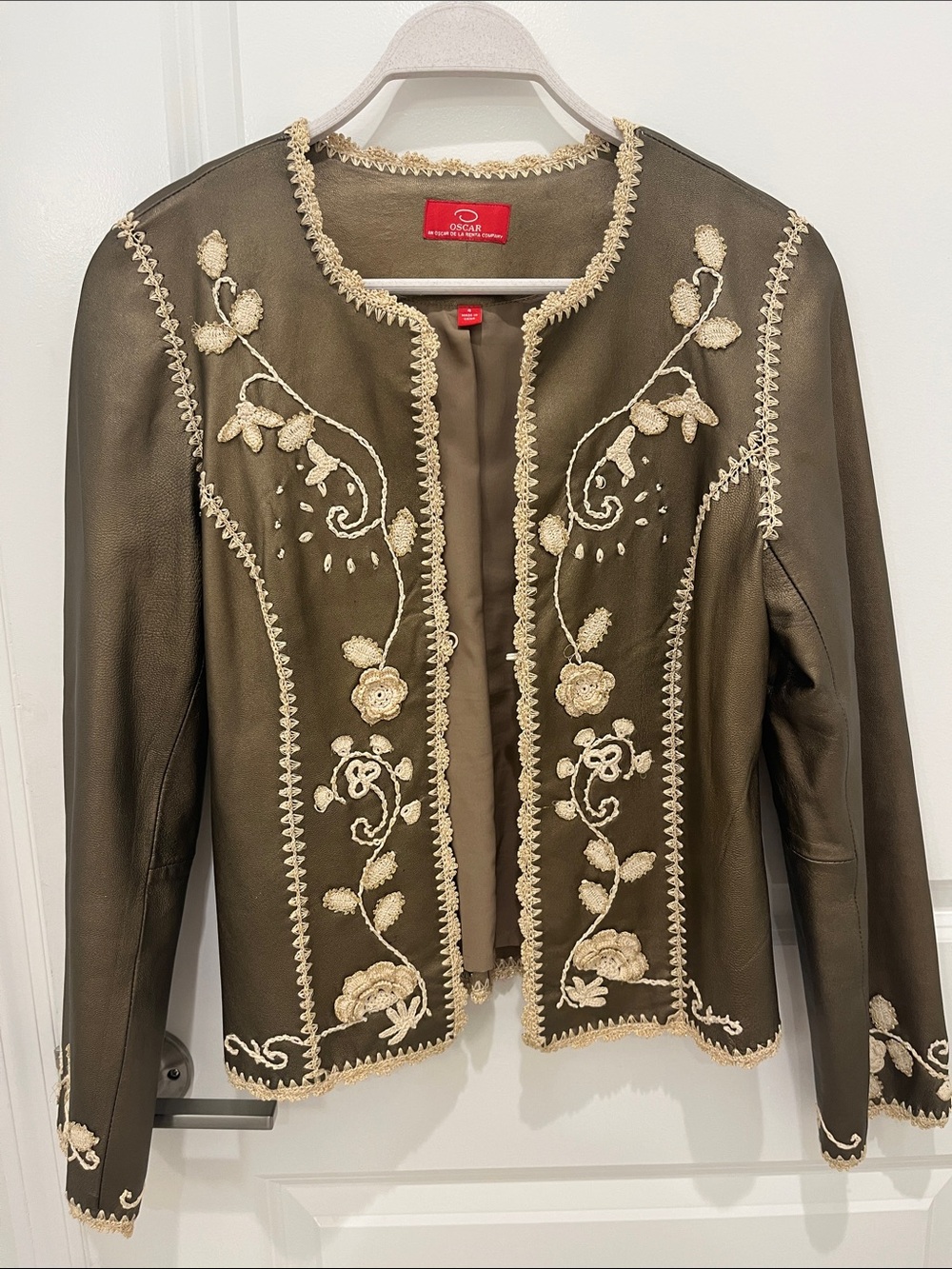 Oscar de la Renta Leather Jacket with Cream Embroidery-Olive Green-Gold Accents - Picture 1 of 8